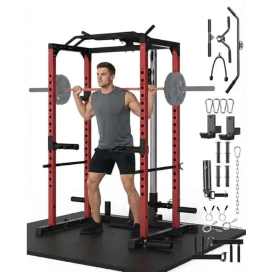 All-in-1 Power Cage with Pulley System 1200LBS Multi-Functional Squat Rack for Home Gym Weight Cage Includes LAT Pulldown Dip B