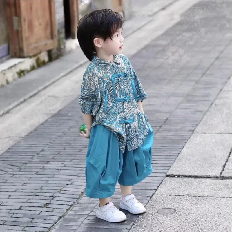 2026 Children's Chinese style Top and Pants Clothing Set Boys' New Casual Buckle Top Shirt 2-Piece Set Kids' Clothing Set LJ708
