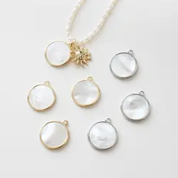 2PCS 15mm Natural Shell Round Pendant Necklace for Jewelry Making Findings DIY Hand Made Brass 14k Gold Plated Accessories