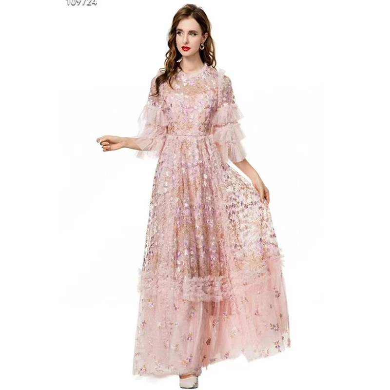 Outono novo o-pescoço estilo de fadas requintado folha de lótus borda emenda em camadas pétala manga cintura alta bordado vestido longo feminino