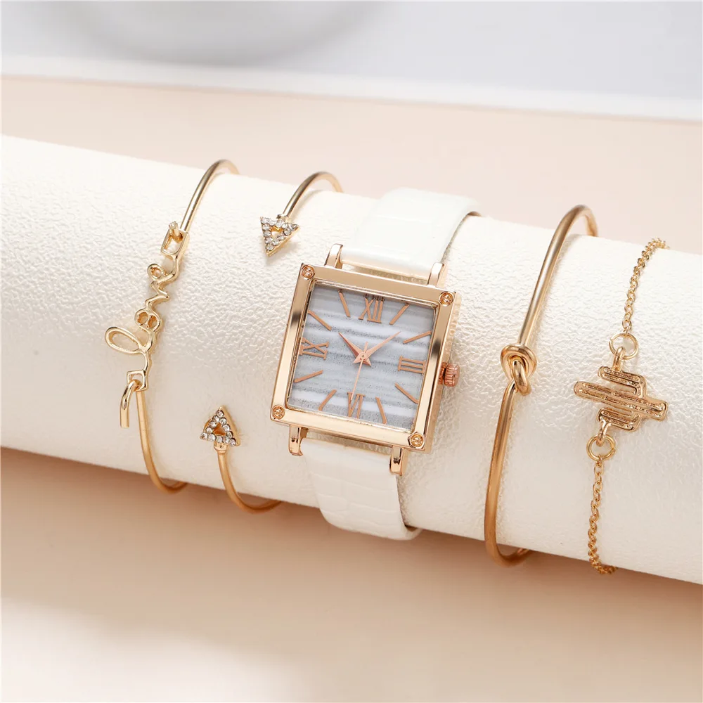 

Fashion Simple Temperament Ladies Belt Watch Square Striped Face Quartz Roman Text Pu Belt Watch Ladies Two Pieces