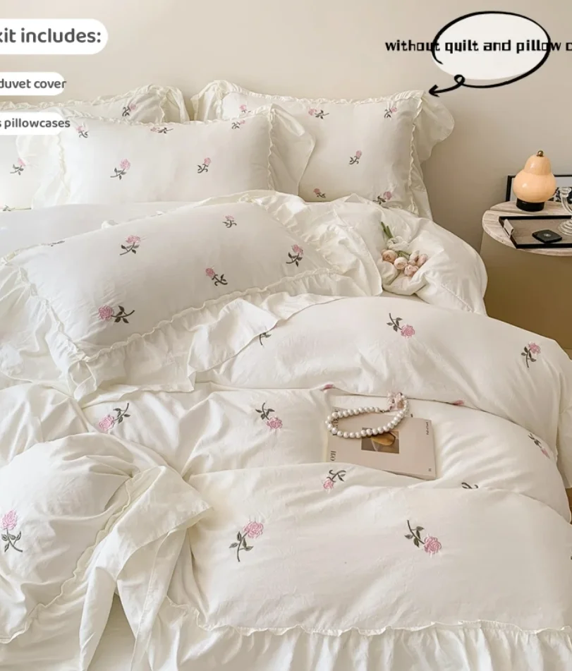 3pcs Rose Embroidered Duvet Cover Set (1*Duvet Cover + 2*Pillowcase, Without Core), Princess Style Lace Bedding Set