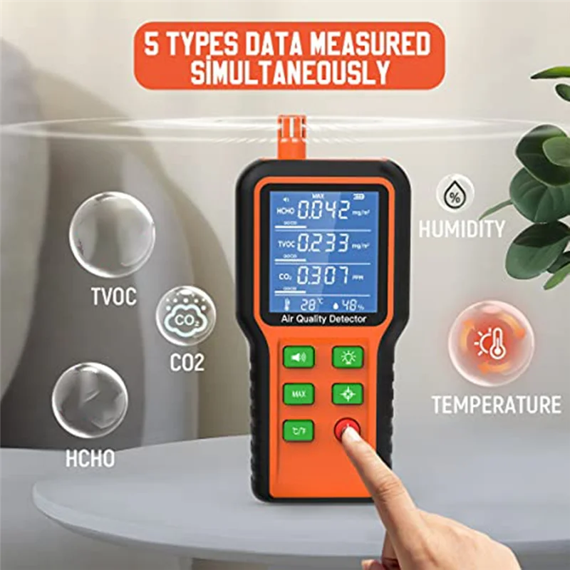 Air Quality Monitor Indoor 5-In-1 Air Quality Tester, Air Quality Meter Test Kit for House CO2, TVOC, HCHO, Humidity