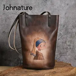 Johnature Retro Real Cowhide Hand-printed Women Bag 2024 New Natural Genuine Leather Leisure Large Capacity Shoulder Bags