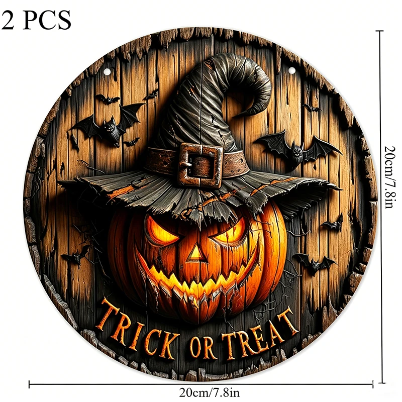 2 PCs Halloween Wooden Wall Hanging Sign, Vintage Witch Pumpkin Art Decor - Manufactured Wood Trick or Treat Wreath Sign 7.9 Inc