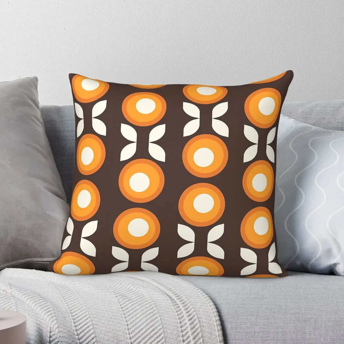 Mid-Century Modern Flower Orange Square Pillowcase Polyester Linen Velvet Pattern Zip Decorative Sofa Cushion Cover