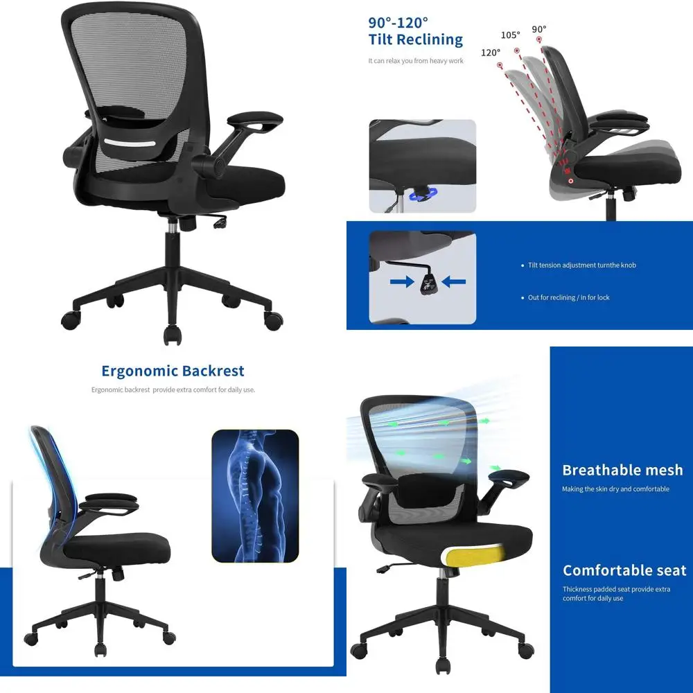 

Эргономичное сетчатое поворотное кресло с поясничной опорой и регулируемыми подлокотниками для домашнего офиса, черное