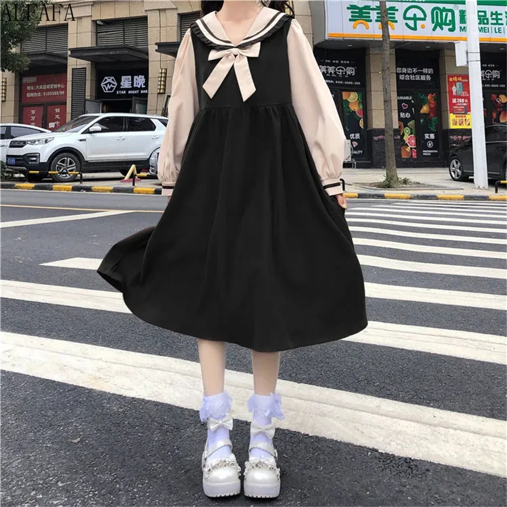 

Kawaii Teenage Dress Autumn Long Sleeve Bow Princess Dress Harajuku Academic Doll Collar Loose Mid A-line Skirt Y2k Alt Clothes