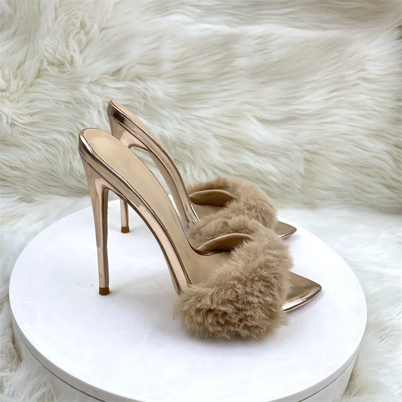 New Novelty Design 12cm Sexy Fur Gold Woman Outdoor Slipper High Heels Sandal Stilettos OL Work Ladies Party Club Dress Shoes