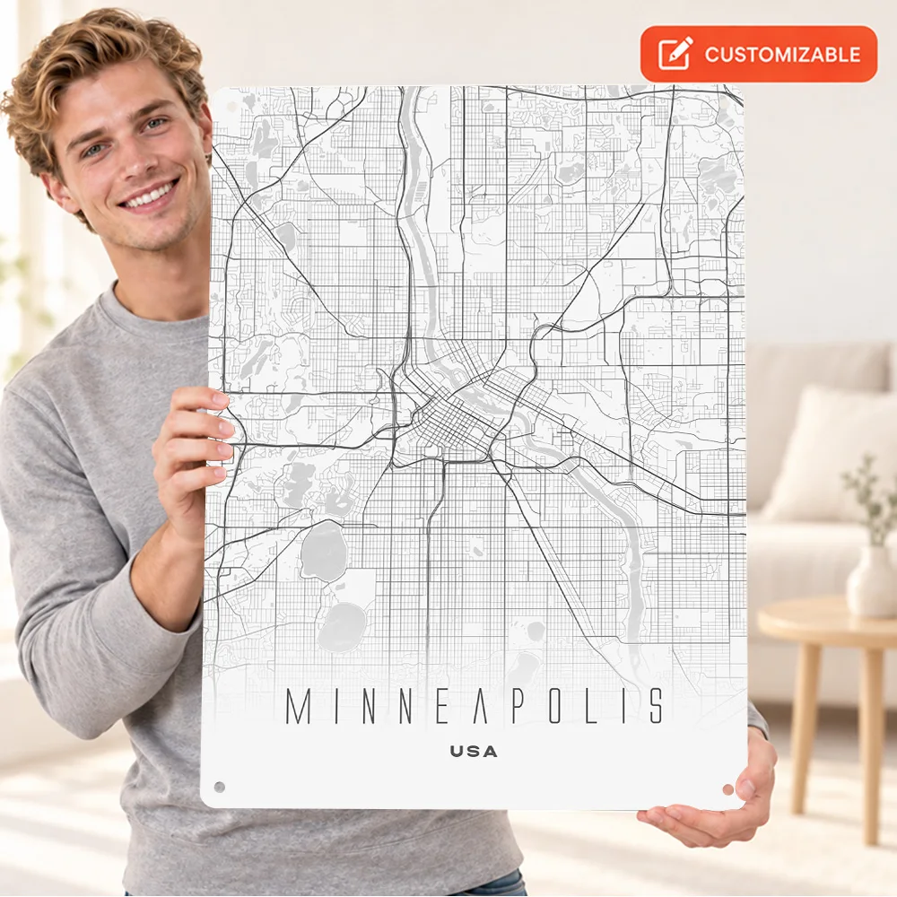 Minneapolis Minimalist City Map Aluminum Poster Retro Bold Design Creative Workspace Wall Art Personalized Metal Sign Fan Gift