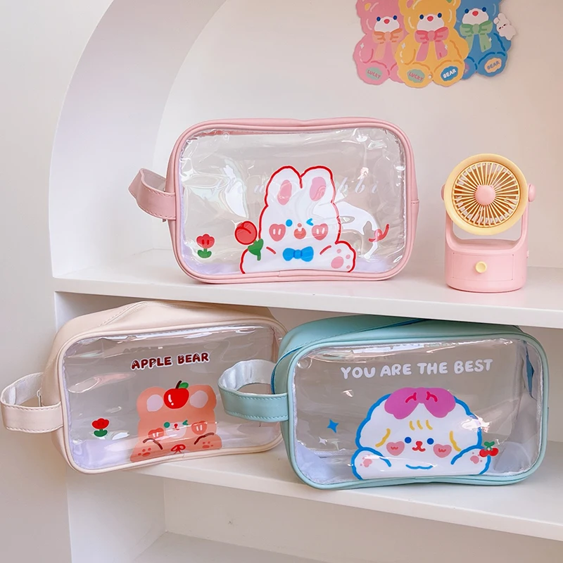 Kawaii Beach Bag for Women PVC Transparent Large Capacity Cartoon Makeup Bags Korean Fashion Cute Pink Waterproof Toiletries Bag