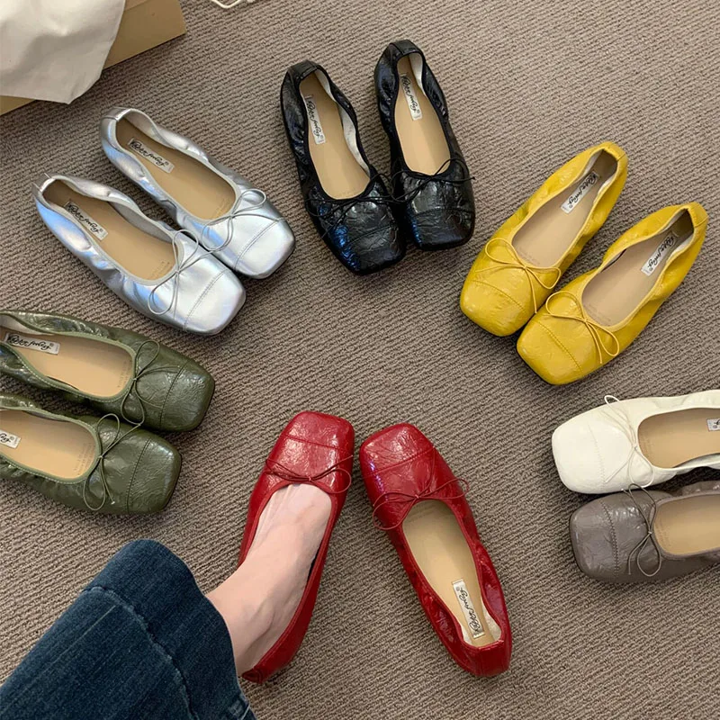 Modische Damen-Ballerinas mit Schleifenknoten, Weiche Tanzschuhe mit Quadratischer Zehenpartie, Neue Frühlings- und Herbst-Slipper für Damen – Detail 1