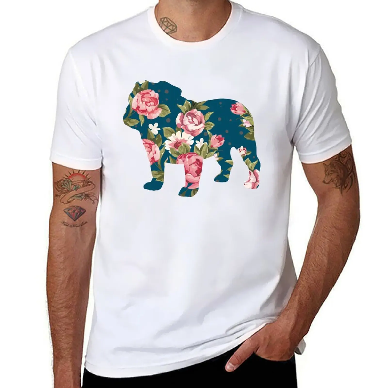 

Floral English Bulldog T-Shirt cotton t shirts man 100% cotton t shirt man T-Shirt