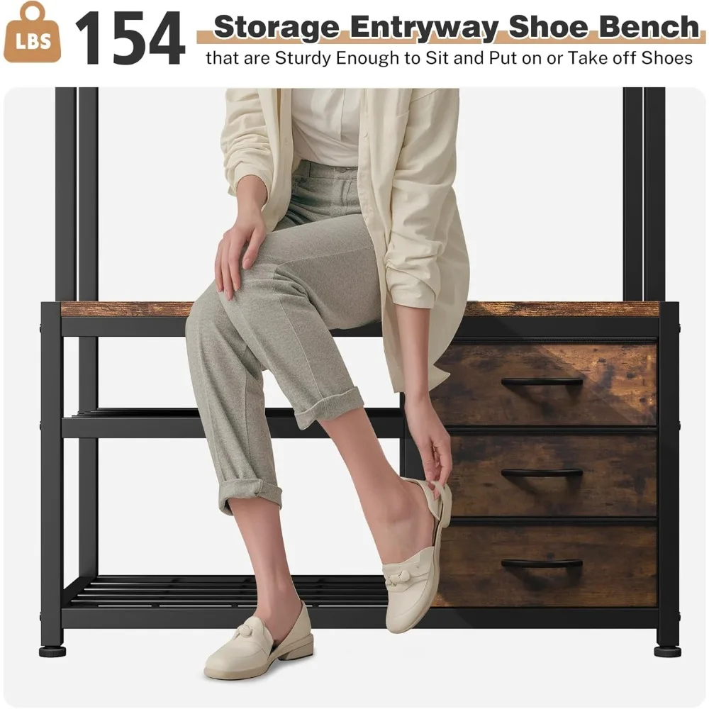 خزانة ملابس مع منصة تخزين للأحذية والمقعد، وشماعة ملابس مستقلة مع 3 أدراج قماش، ومنصة تخزين الأحذية