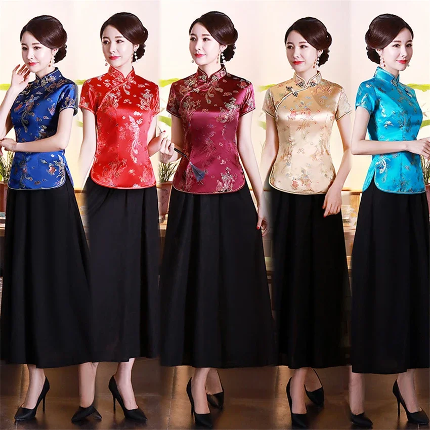 16Color Traditional Chinese Clothing for Women Top Satin Retro Short Sleeve Qipao Vintage Evening Cheongsam Dress Costumes S-4XL