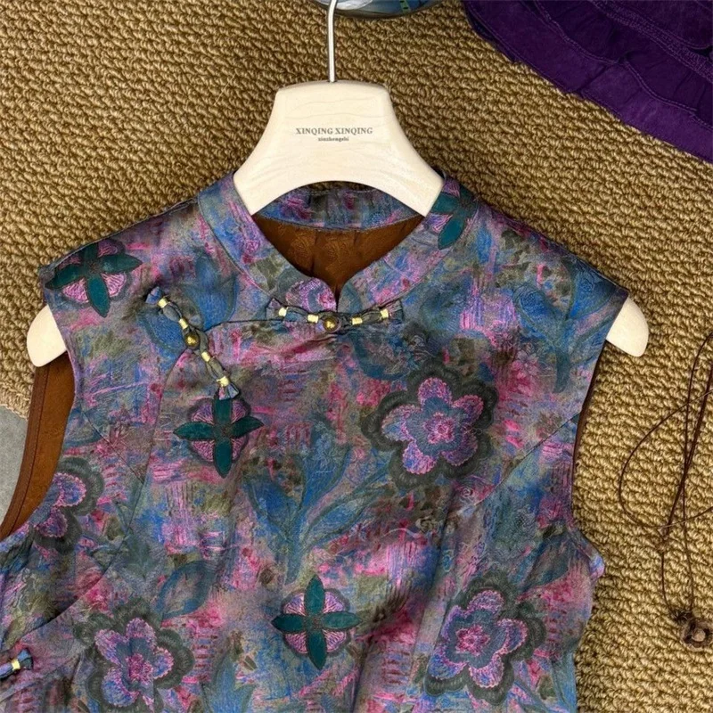 New Chinese printing Gentle Wind loose Vest Coat Women's Sleeveless Age-reducing Shirt with Stand-up Collar in Spring and Summer