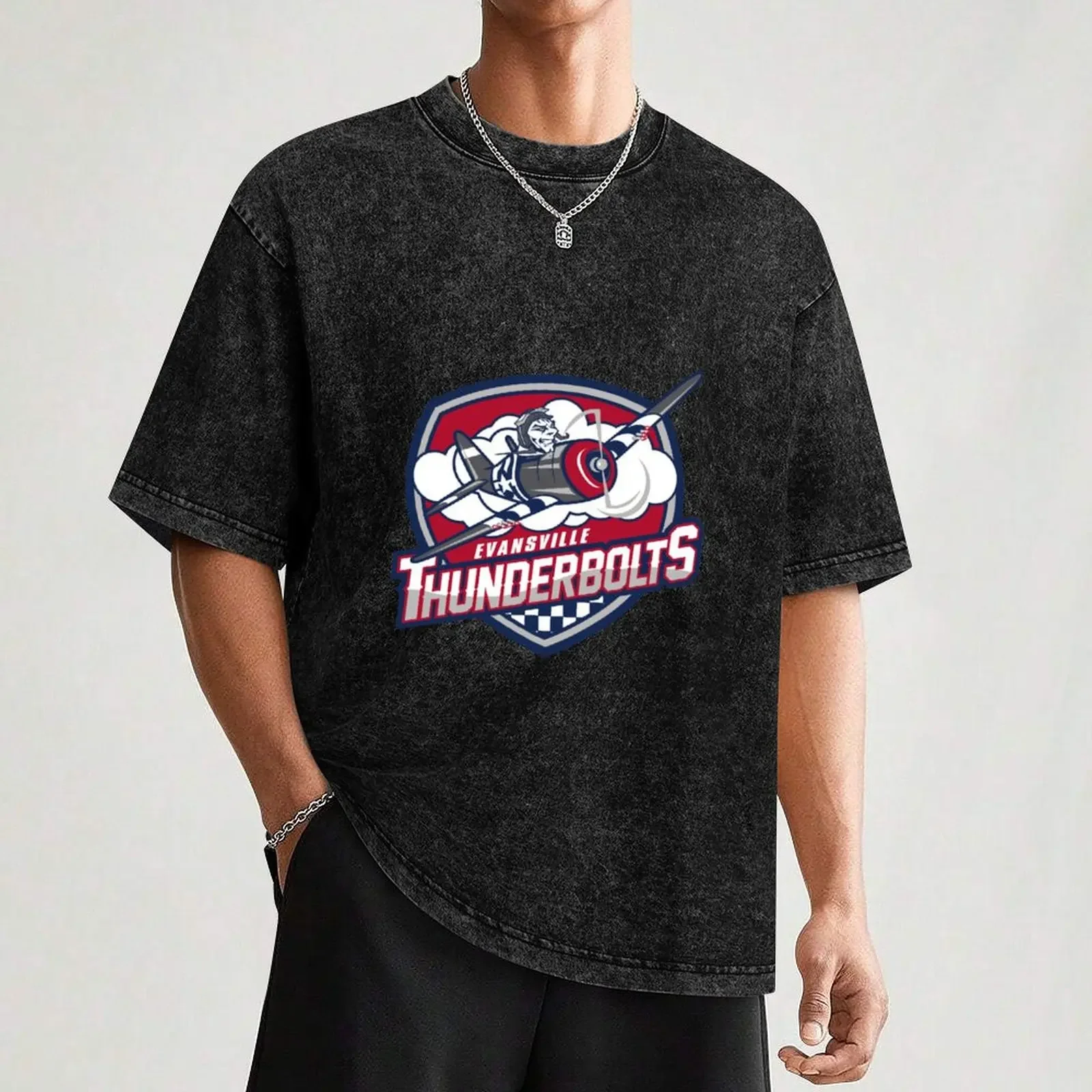 تي شيرت بشعار Evansville Thunderbolts تي شيرت كوري أساسي تي شيرت هدايا جديدة وقمصان صيف 2025 حزمة قمصان رجالي