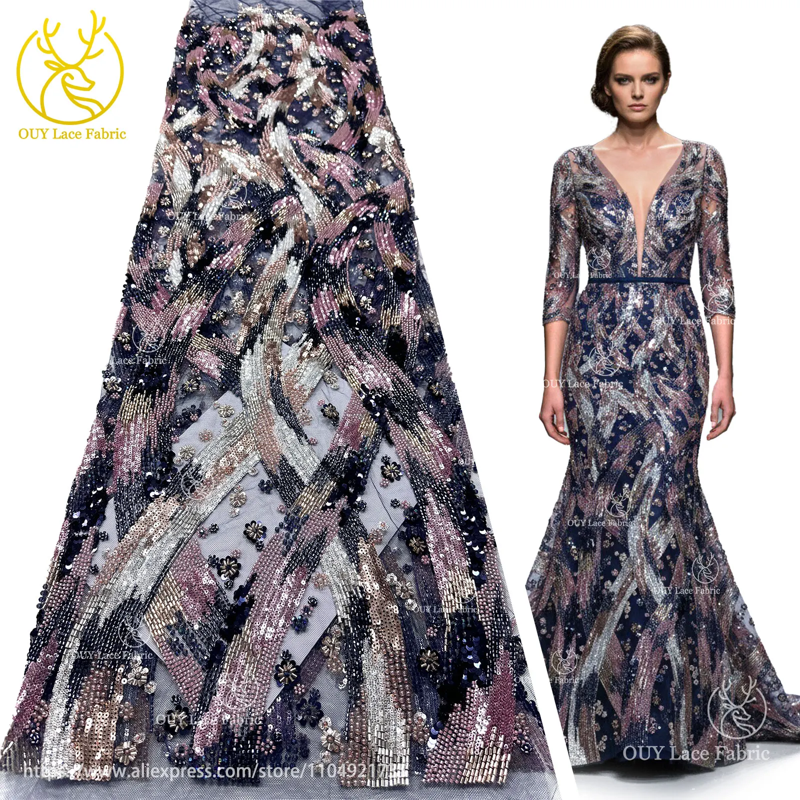 

2025 African Nigerian Handmade Heavy Beaded Lace Fabric 5 yards Luxury French Sequins Tulle Lace Fabric Women's Dress Sewing