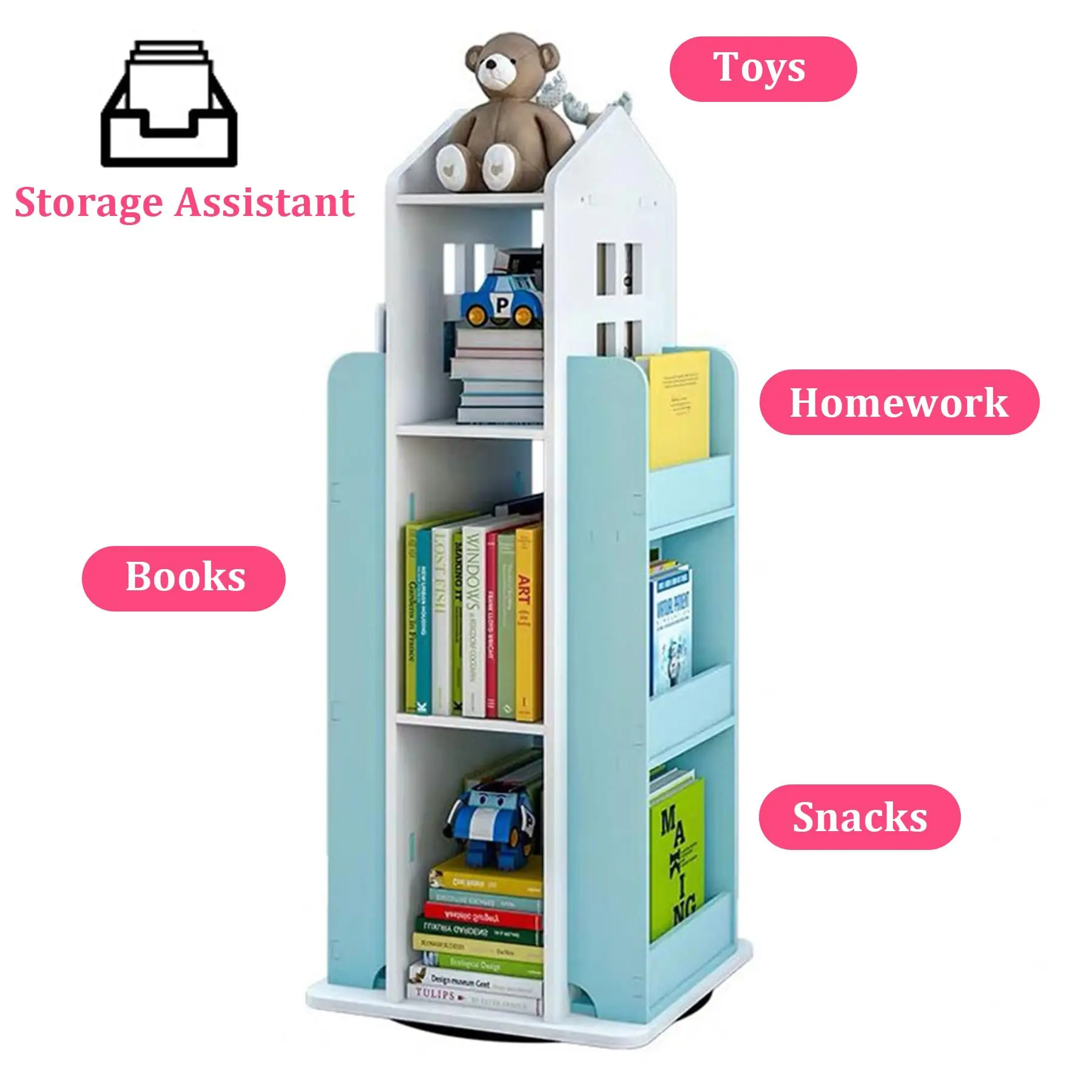 Libreria girevole a 4 livelli, 360 °     Libreria espositiva, libreria da terra, libreria per bambini per camera da letto, soggiorno, studio Ro