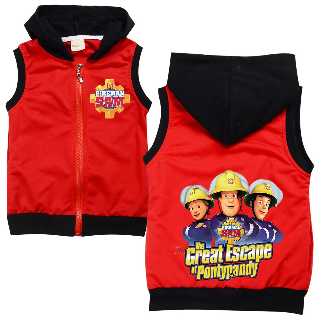 Firefighter Fireman Sam Hoodie Kids Zipper Jacket Baby Boys Hooded Sleeveless Coats Baby Girls Fashion Clothes Toddler Coat Tops