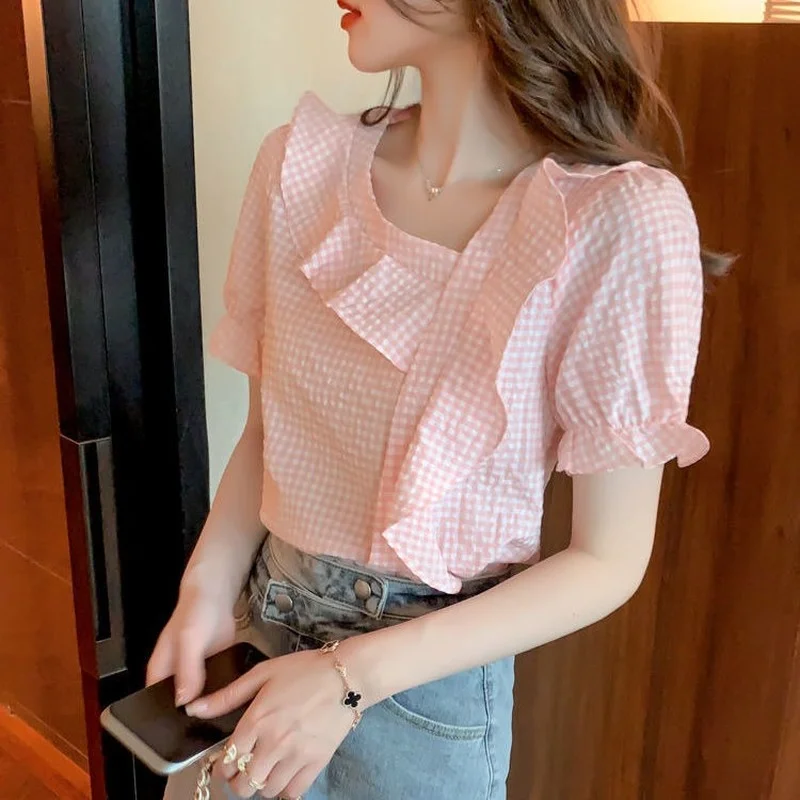 Women's Shirts and Blouses Frill Clothing V Neck Top for Woman Short Sleeve Chiffon Plaid Ruffle Cool Fine Elegant Aesthetic Y2k