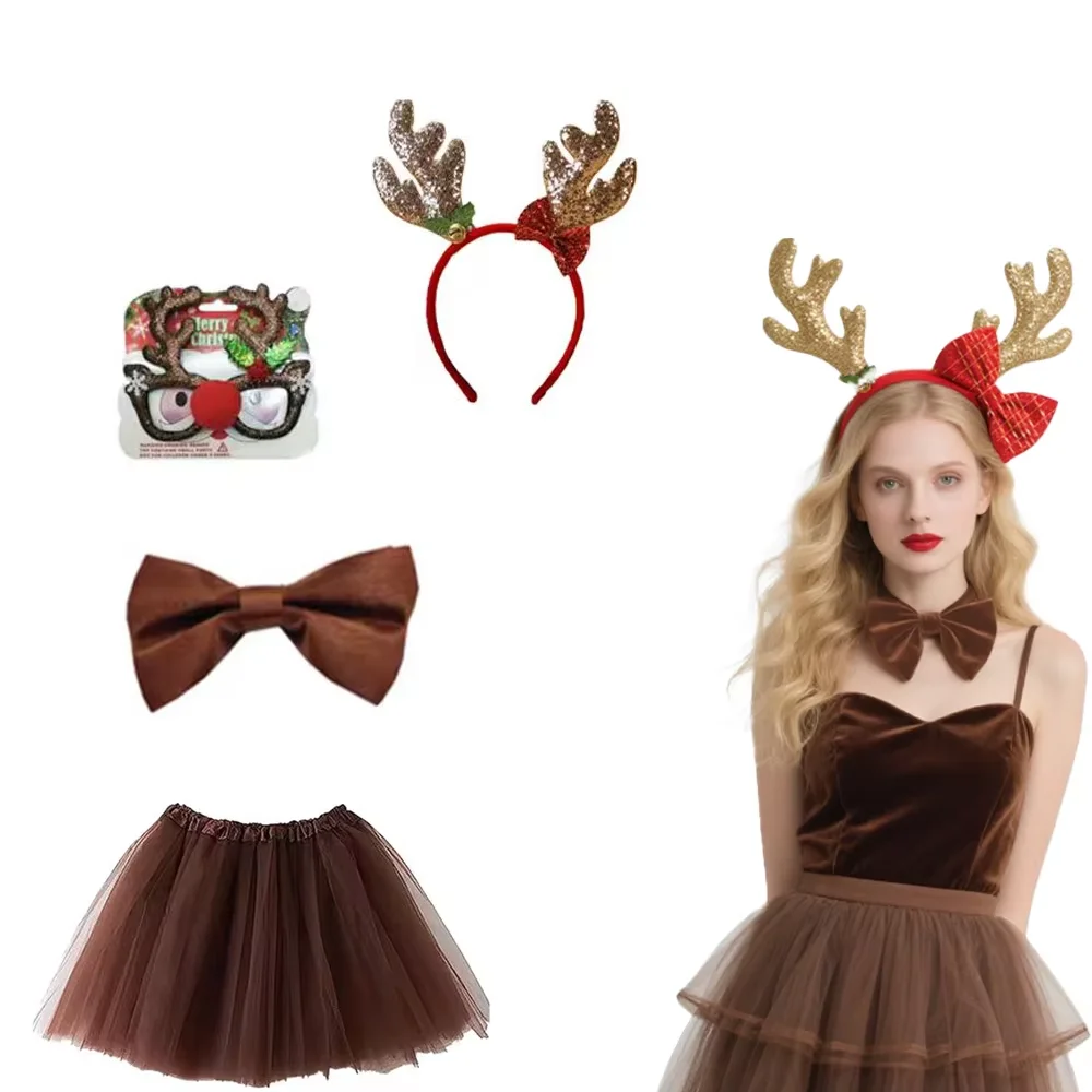 PESENAR Reindeer Costume for Women - Adult Deer Antlers Headband, Tail Tutu Skirt, Socks & Tie for Halloween, Christmas