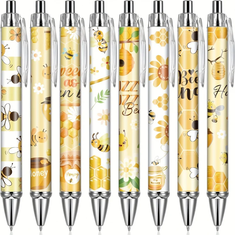 8 Pcs Bee Themed Retractable Ballpoint Pens, Great for the Office or as a Gift for Students, Teachers and Professionals!
