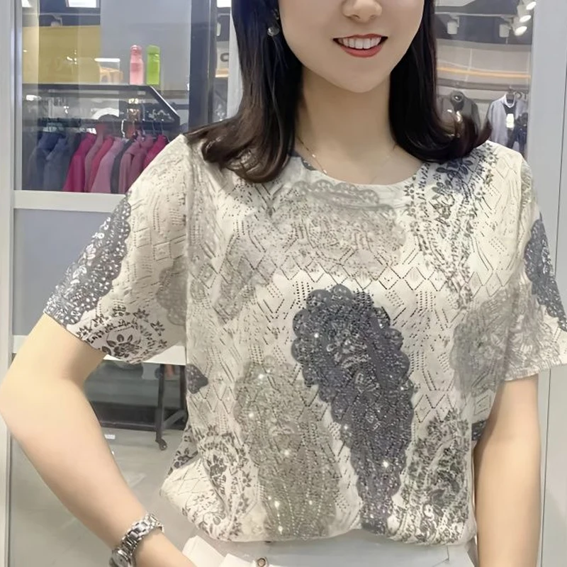 

Women Clothing Printing Short Sleeve Plus Size Vintage Tops O-neck Loose Thin Elegant T Shirts Casual Fashion Summer New Office