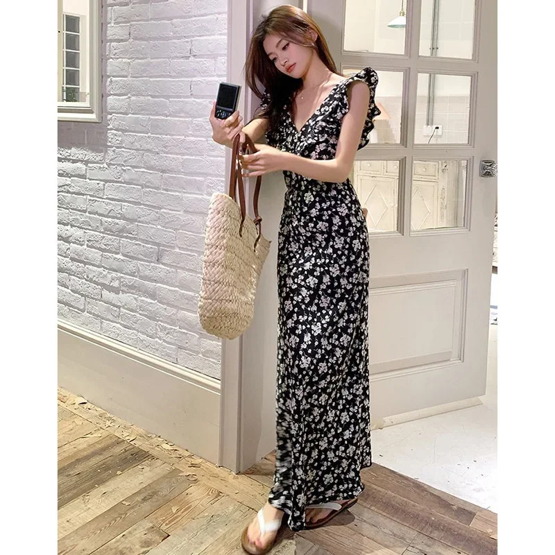 2024 neue Sommer Dame Schwarz Floral Chiffon Rüschen Kleid Frauen Elegante Strand Urlaub Kleid Mädchen Chic Koreanische Mode Kleid