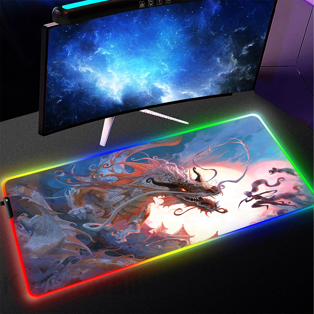 Gaming Mouse Pad Computer Mousepad RGB Large Dragon Mouse Mat Gamer XXL Backlit Keyboard Pads Anime Mause Mats LED Game Deskmat