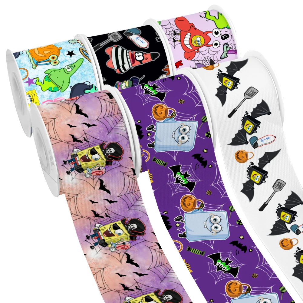 Halloween Cartoon SpongeBob SquarePants Design Printed Grosgrain Satin Ribbon for Gift Wrapping Hair Bow 50 Yards