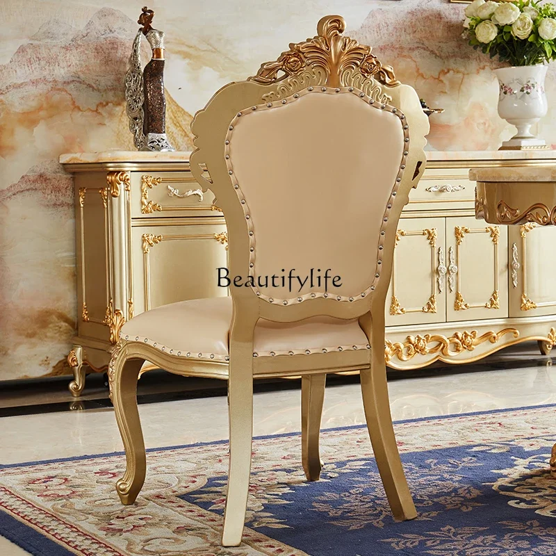 

01European dining chair household leather princess chair solid wood carving flower retro with armrest