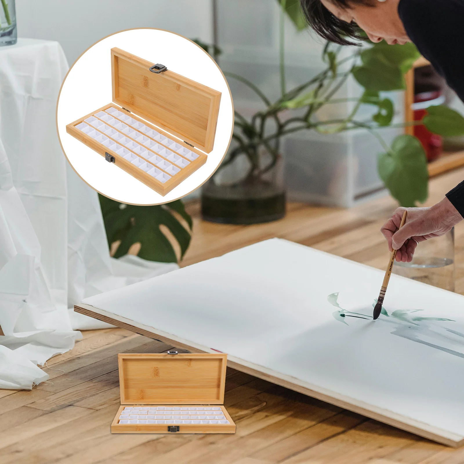 

48 Grids Bamboo Watercolor Palette Portable Wood Mixing Tray For Outdoor Sketching Travel Compact Pigment Storage Box, Mini
