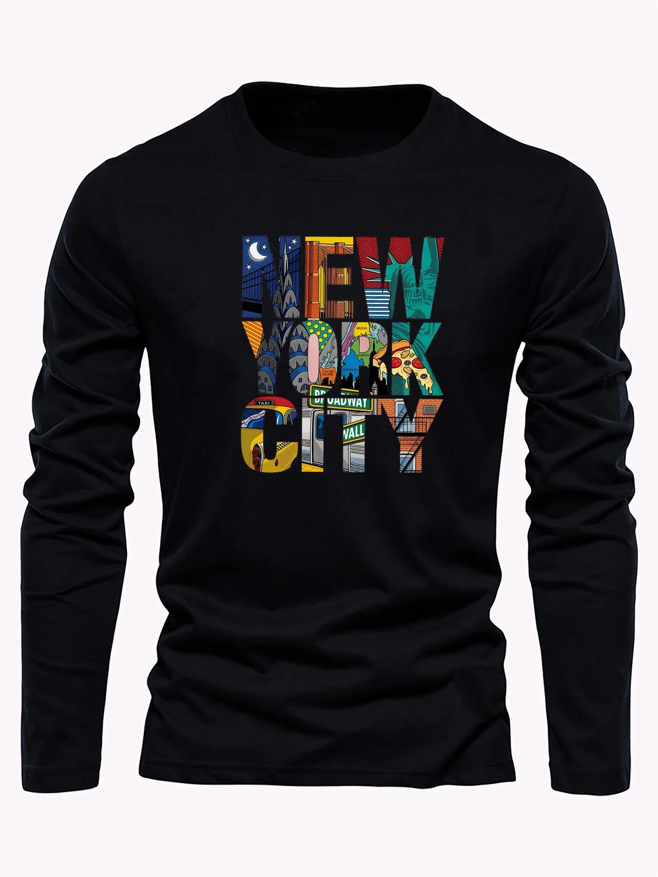 

Men's cotton loose fit comfortable sports and leisure New York City letter print fashion casual round neck long sleeved T-shirt