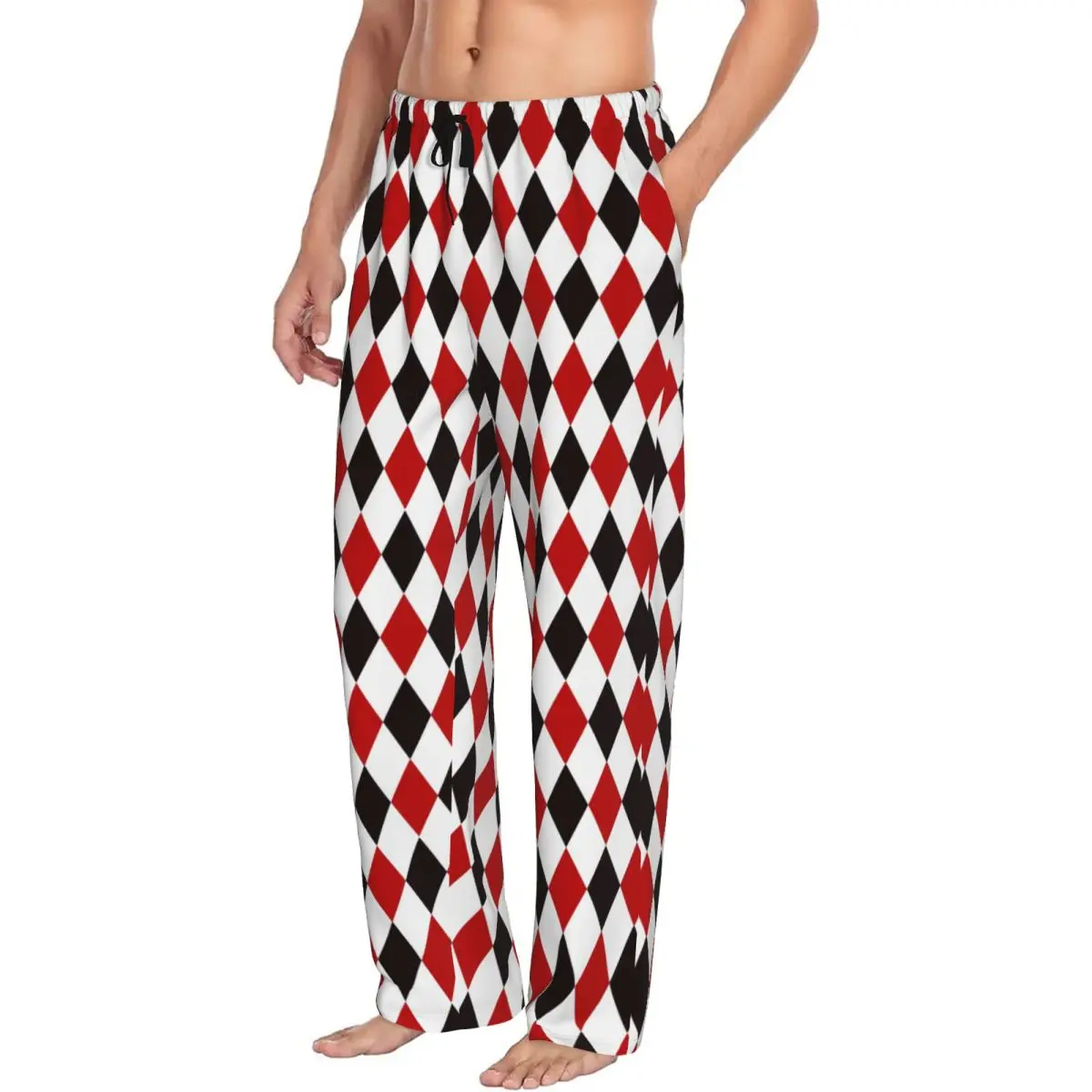 Custom Harlequin Plaid Playing Cards Diamond Pajama Pants Men Sleepwear Sleep Lounge Bottoms with Pockets