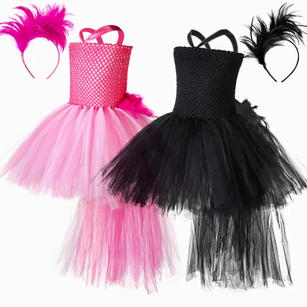 Pink Flamingo Black Swan Parrot Costume for Girls Kids Halloween Carnival Party Bird Dress Up High Low Feathers Tulle Tutu Dress