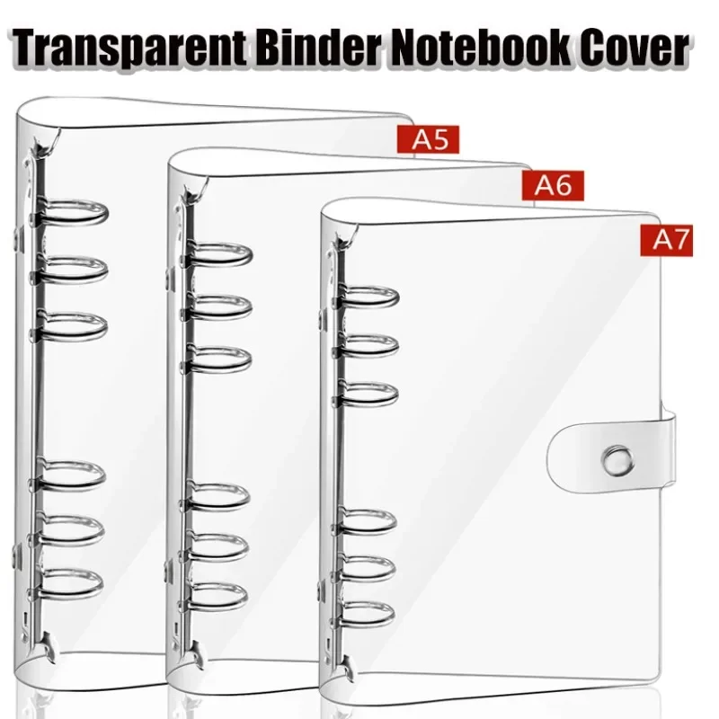 A7 A6 A5 Binder Notebook-Abdeckung, transparent, weiches PVC, 6-Ring-Binder-Abdeckung, Druckknopf-Schließfach für 6-Loch-Loseblatt-Notebook