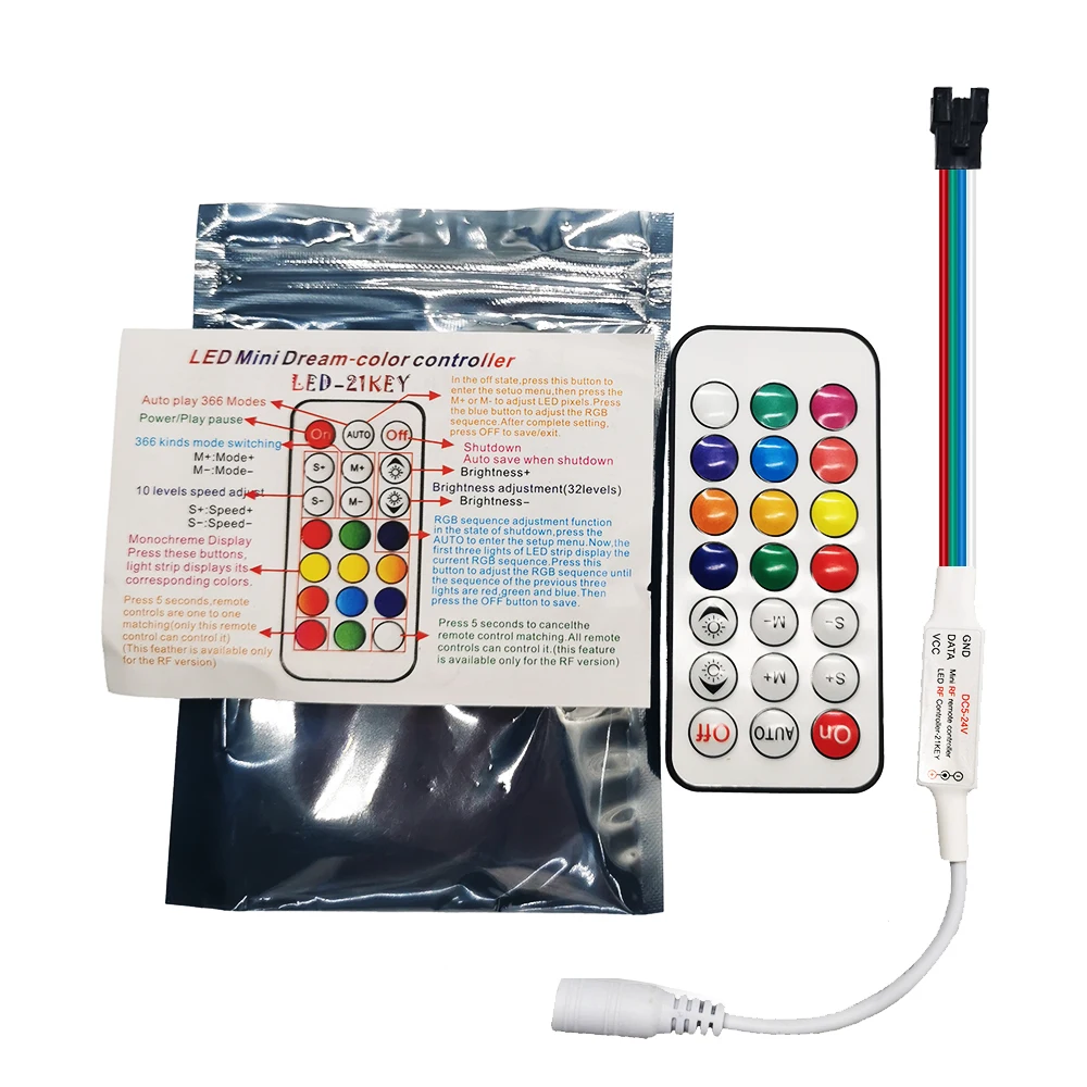 21Key Mini Led Controller RF Wireless Remote 3Pin 4Pin WS2812 WS2812B WS2811 WS2813 WS2815 Strip Light 350+ Dream Effect DC5-24V
