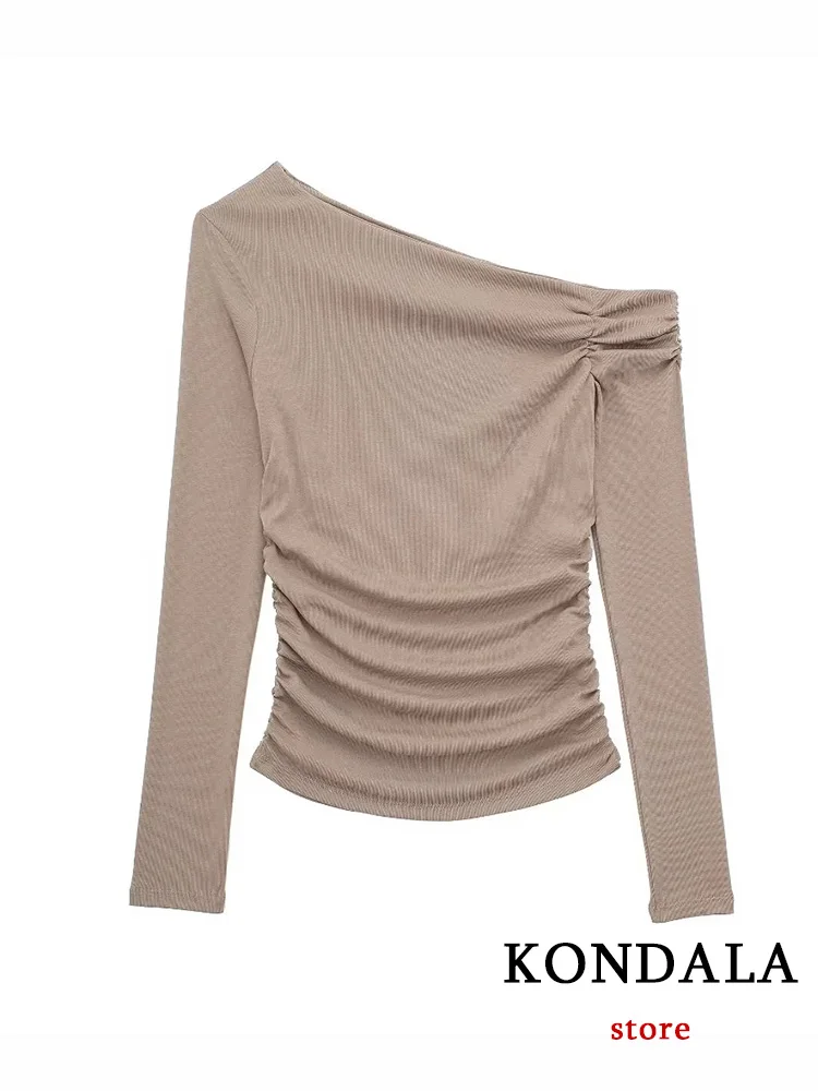 KONDALA Vintage Chic Women Solid Tops Skew Collar Long Sleeve Folds Slim T-Shirt Fashion 2024 Autumn Winter Holiday Sheath Tops