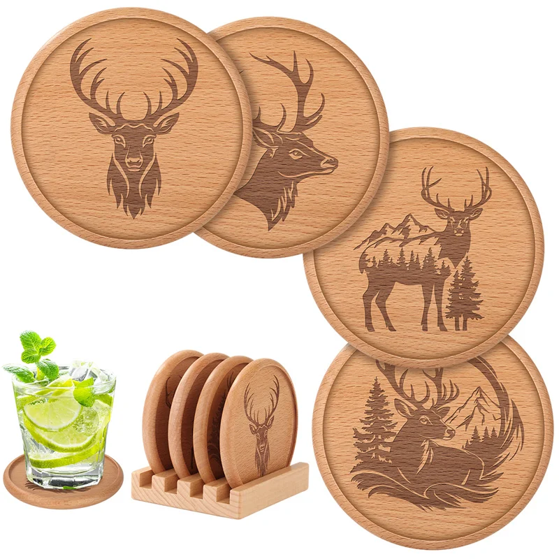 

Rustic Deer Engraved Wooden Coasters, Heat-Resistant Table Protector for Coffee, Tea, Home Bar,Housewarming Wedding Gift