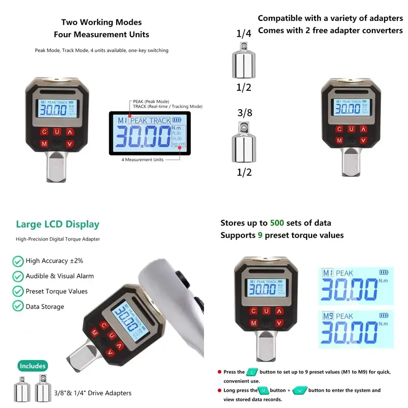 Digital torque meter, 1/2-inch interface, can store 500 data and preset 9 values, including 3/8-inch and 1/4-inch adapters