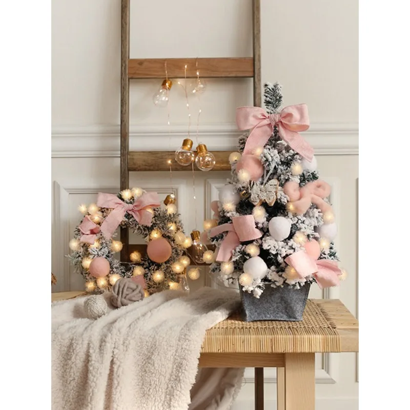 Pink Flocking Christmas Tree Set 60/90cm Desktop Mini Christmas Tree Home Window Ornament