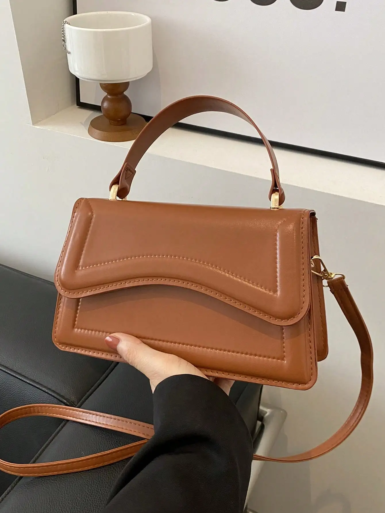 

Tan PU Leather Mini Square Top-Handle Bag with Wavy Flap and Adjustable Strap