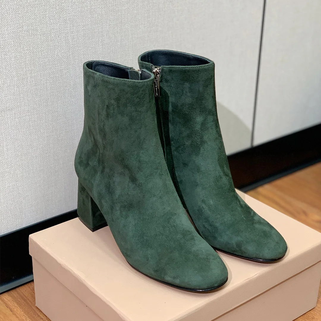 Donna-in Women Suede Leather Ankle Boots Elegant Green Boots Side Zipper Square Block Heel Round Toe Short Boots Large Size 42