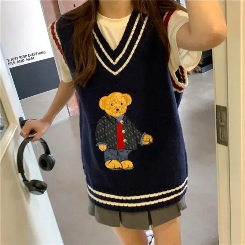 Kimotimo Cute Bear Jacquard Sweater Women Autumn Winter Contrast Color O-neck Loose Pullover Fashion Lazy Knitted Tops Vintage