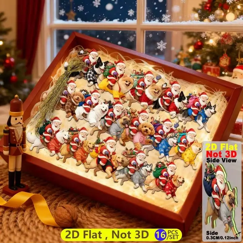 【D】Xmas Tree Wooden Decor Ornaments 16 Pcs 2D Flat Riding Dog Santa Claus Hanging Pendant for Winter Holiday Party Home Decor