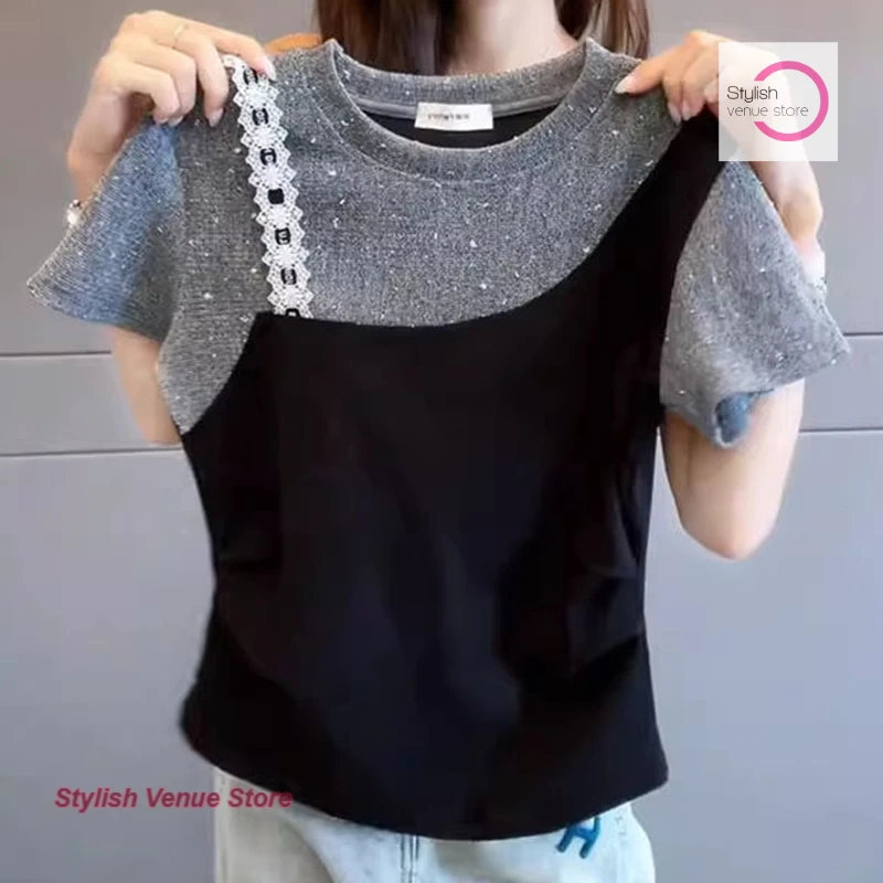 

Korean version of contrast stitching fake two bright silk round neck short sleeve T-shirt women's summer fashion design top