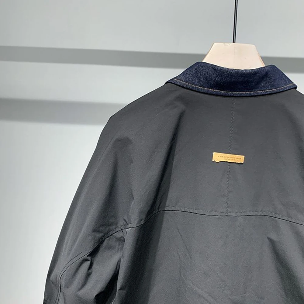 Mens Denim Patchwork Fake Two-Piece Casual Jacket Streetwear Fashion Thin Youth Campus Long-Sleeved Top Male Men'S Clothing