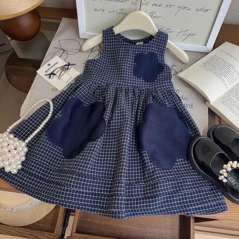 

Summer Dresses for Girls2025New Style Girls' Vest Dress Retro Plaid Dress Baby Girl Princess Dress Wholesale
