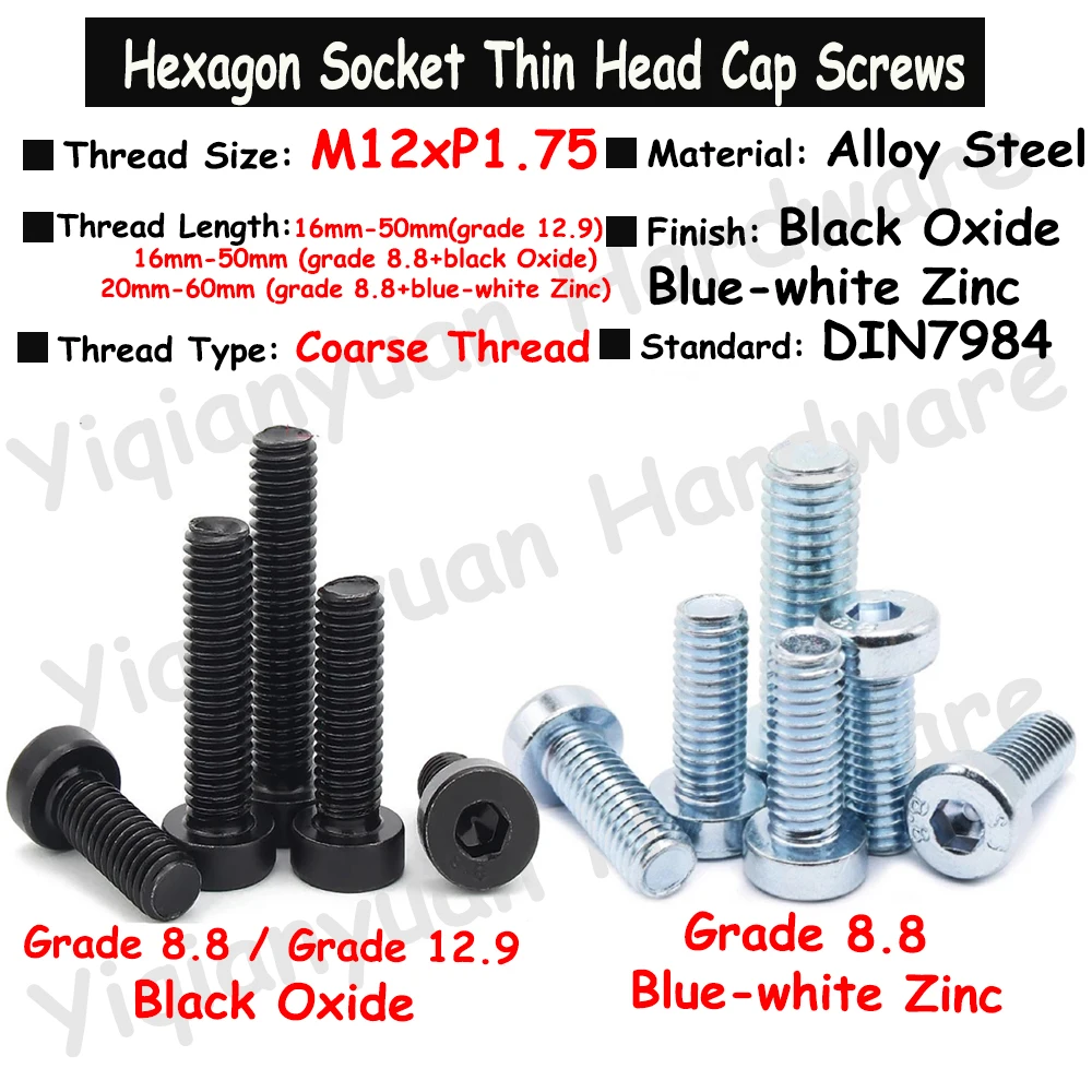 2Pcs~4Pcs M12xP1.75 DIN7984 Grade 12.9 / 8.8 Alloy Steel Black / Blue Hexagon Socket Thin Head Cap Screw Low Short Profile Head